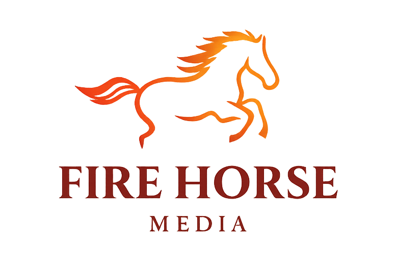 Fire Horse Media logo with navy horse head and orange flames on white background