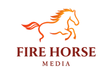Fire Horse Media logo with navy horse head and orange flames on white background