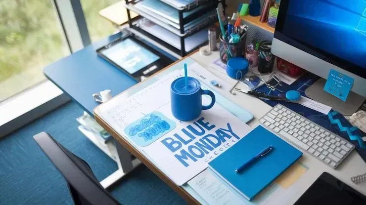 Blue-themed desk with notebook, coffee mug, keyboard, and design materials beside a monitor.