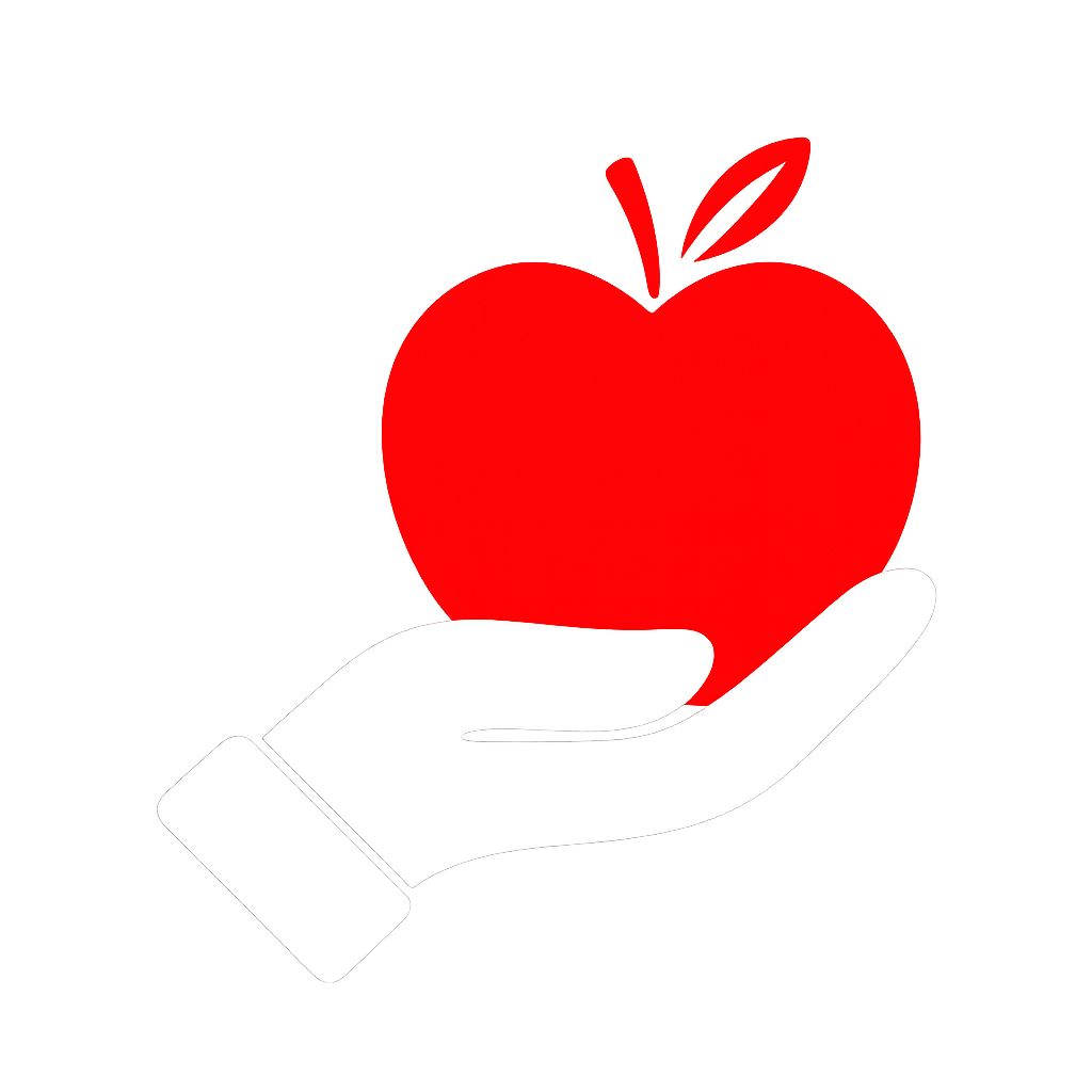 White hand holding a red apple on a white background