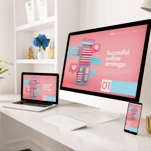Modern white desk with laptop, monitor, and phone showing a pink 