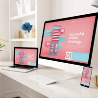 Modern white desk with laptop, monitor, and phone showing a pink 