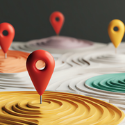 Colorful map pins marking concentric contour-like rings on a stylized landscape surface