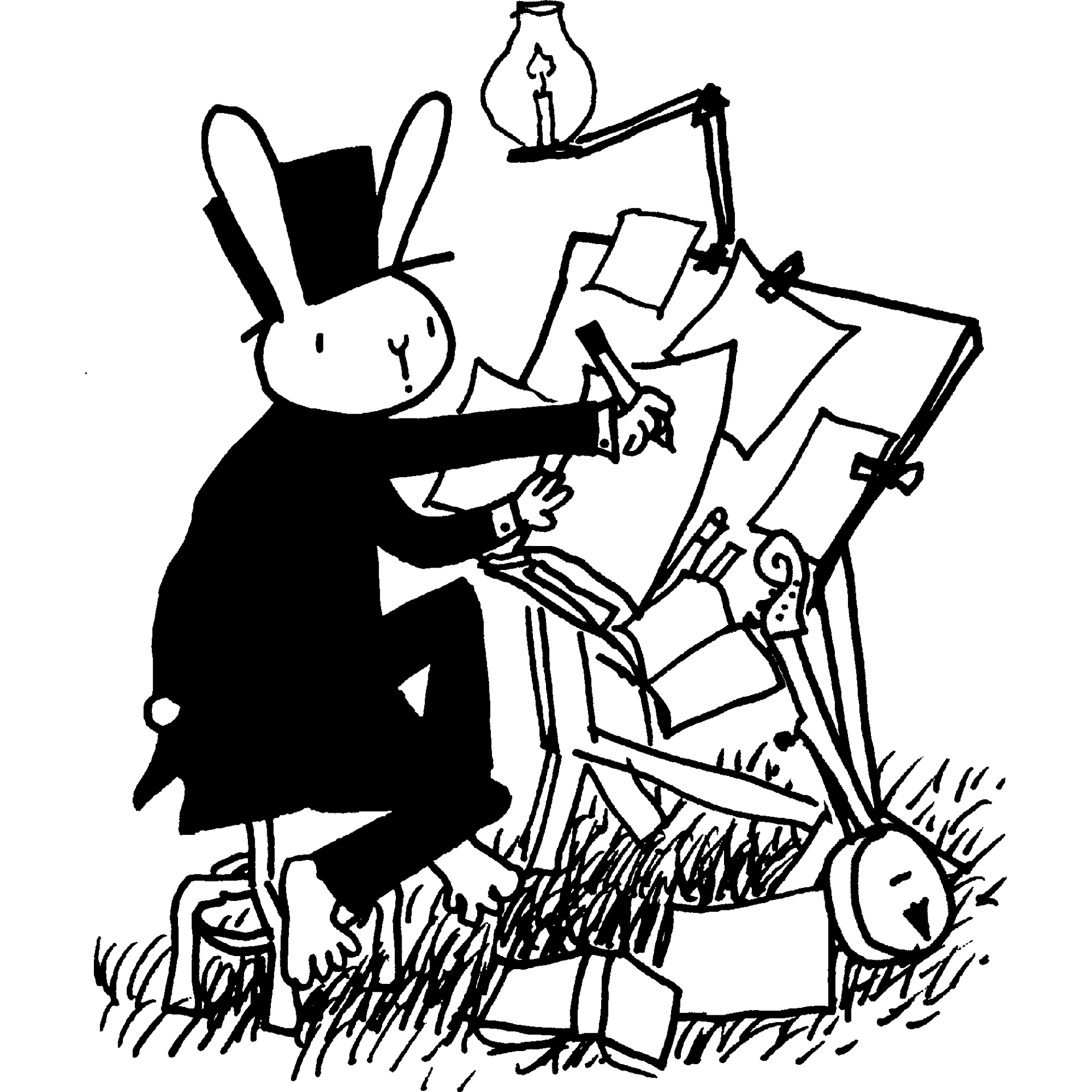 Black-and-white cartoon of a rabbit in a top hat painting a canvas outdoors, with a cat and papers nearby