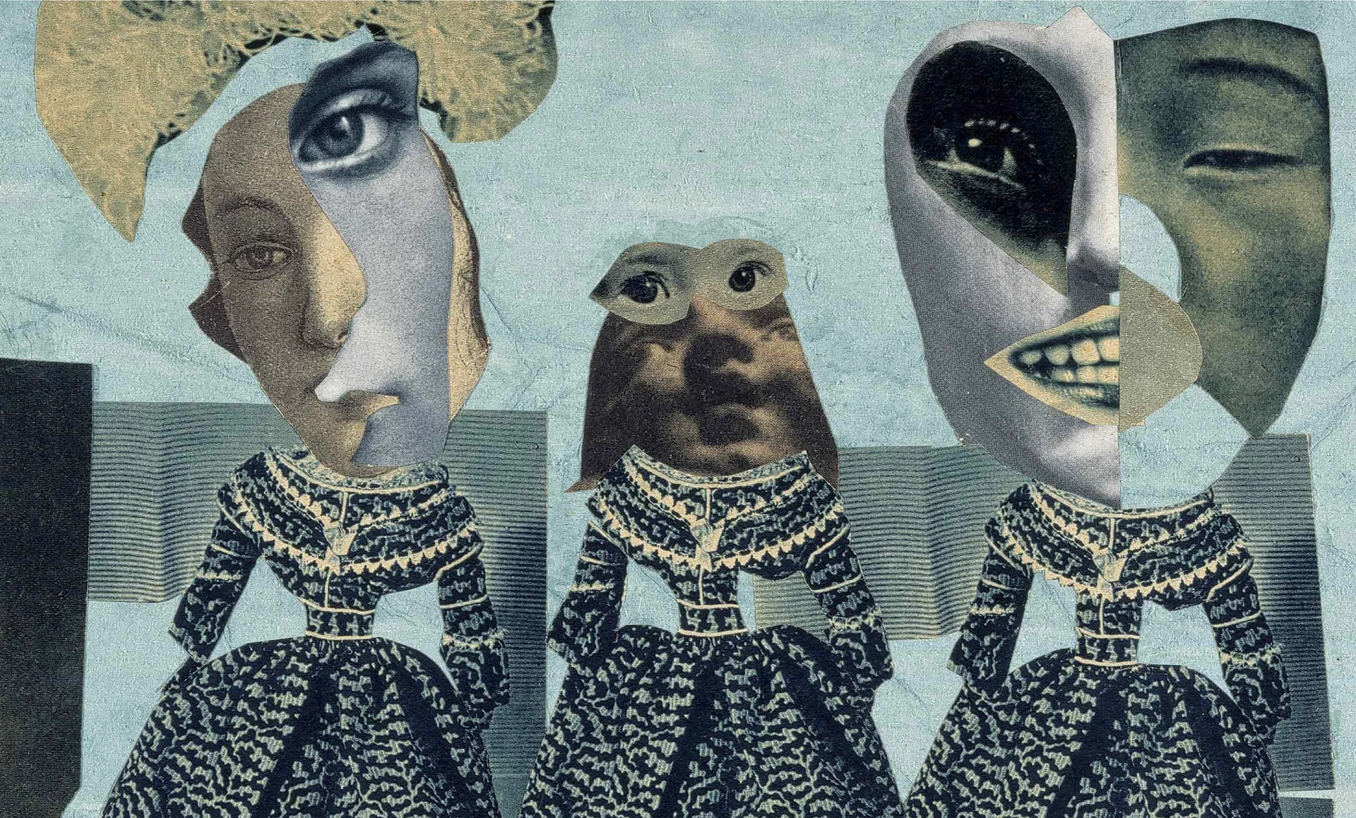 Three surreal masked figures in patterned clothing stand against a gray background.