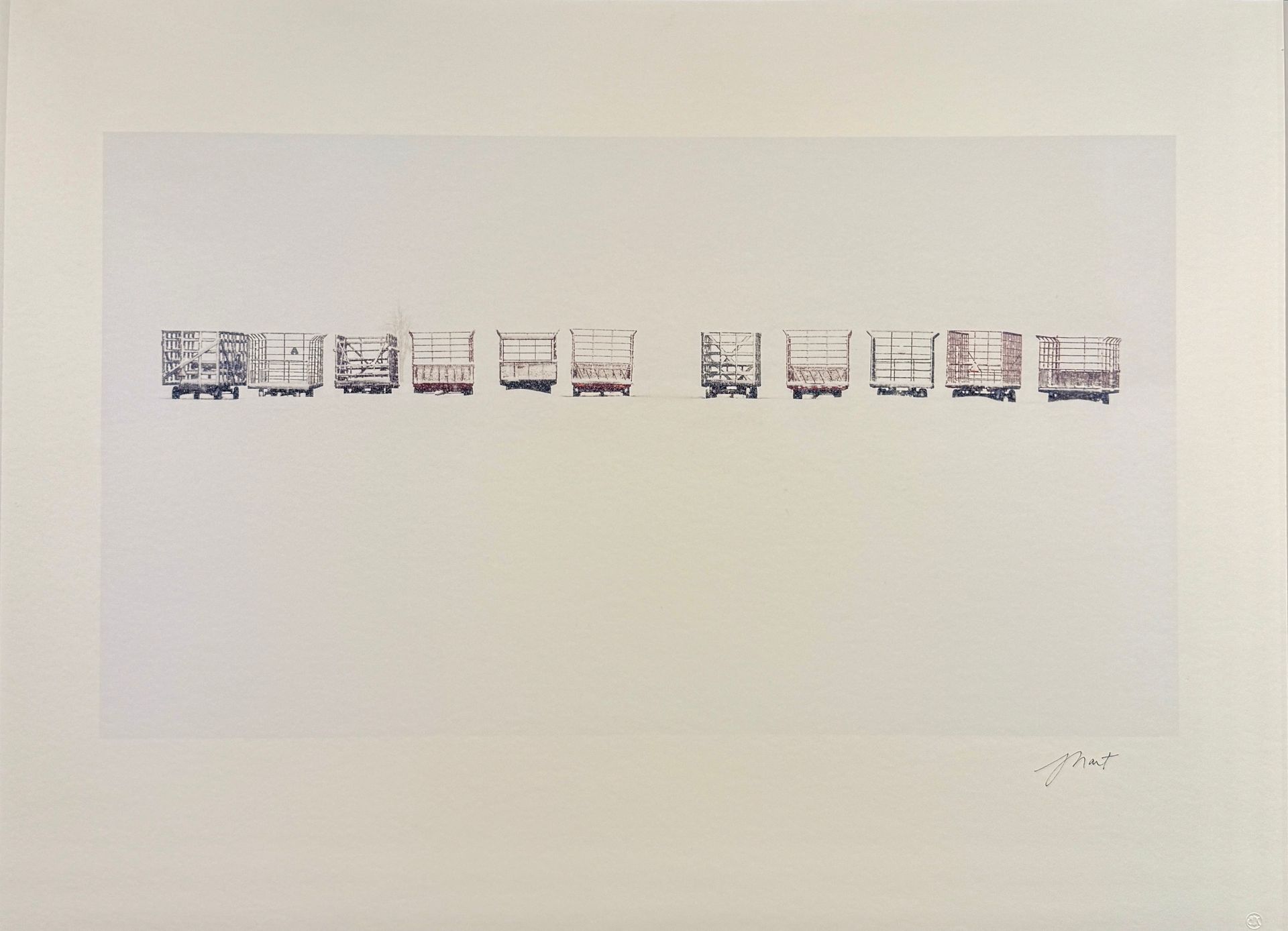 Minimal abstract drawing of a row of small black-and-white train cars on a white background
