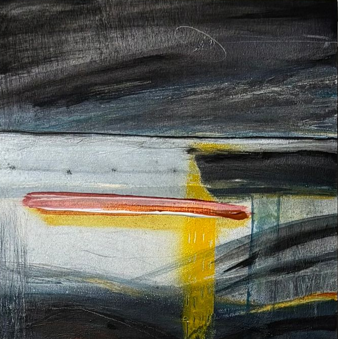 Abstract painting with dark gray swirls, a white center, and a yellow vertical streak with red and orange accents