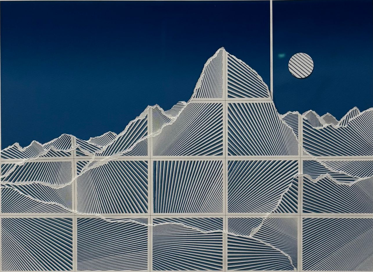 Stylized white mountain range and moon on a deep blue background, overlaid with a grid pattern