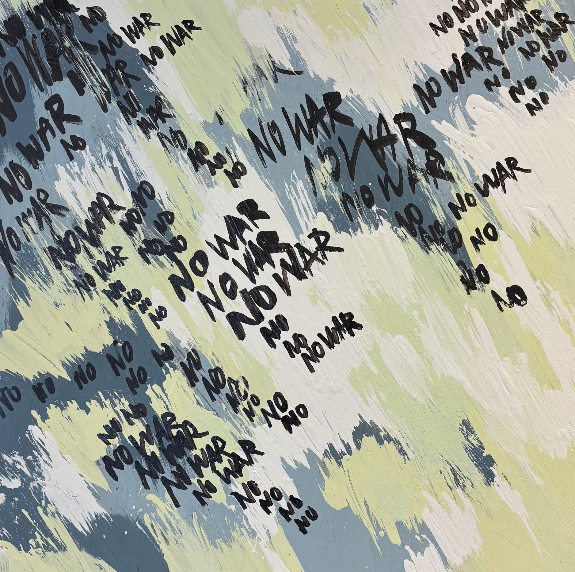Abstract graffiti-style pattern with repeated “NO WAR” text in black on white, blue, and pale yellow brushstrokes