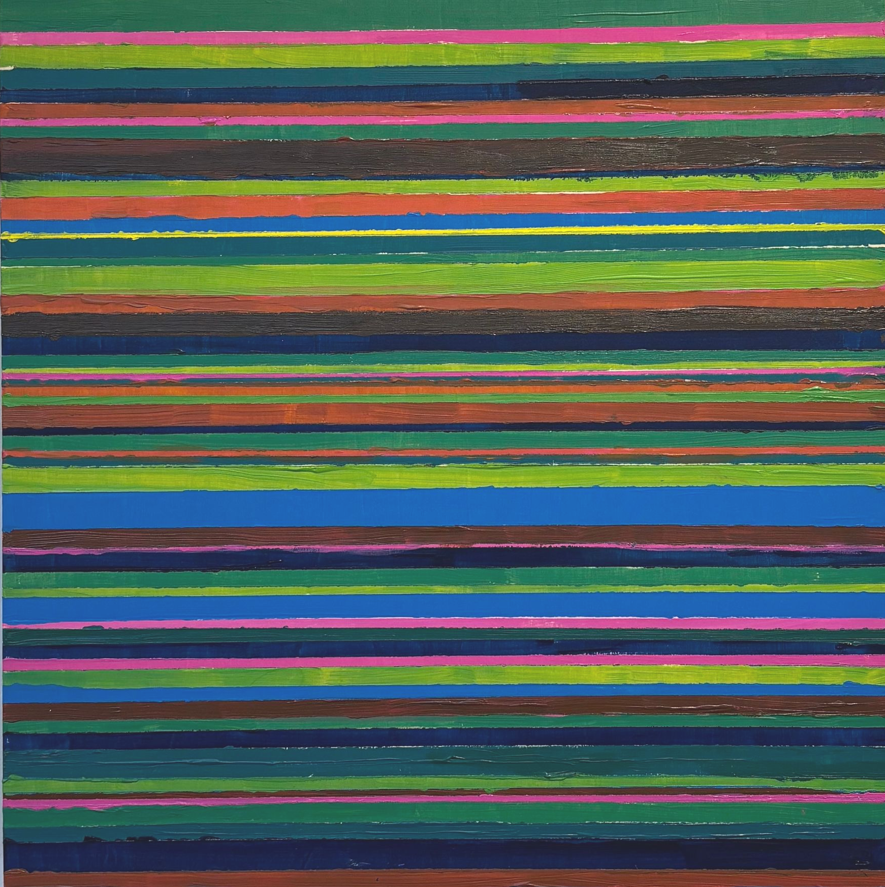 Abstract canvas of horizontal multicolored stripes in green, blue, pink, yellow, and purple