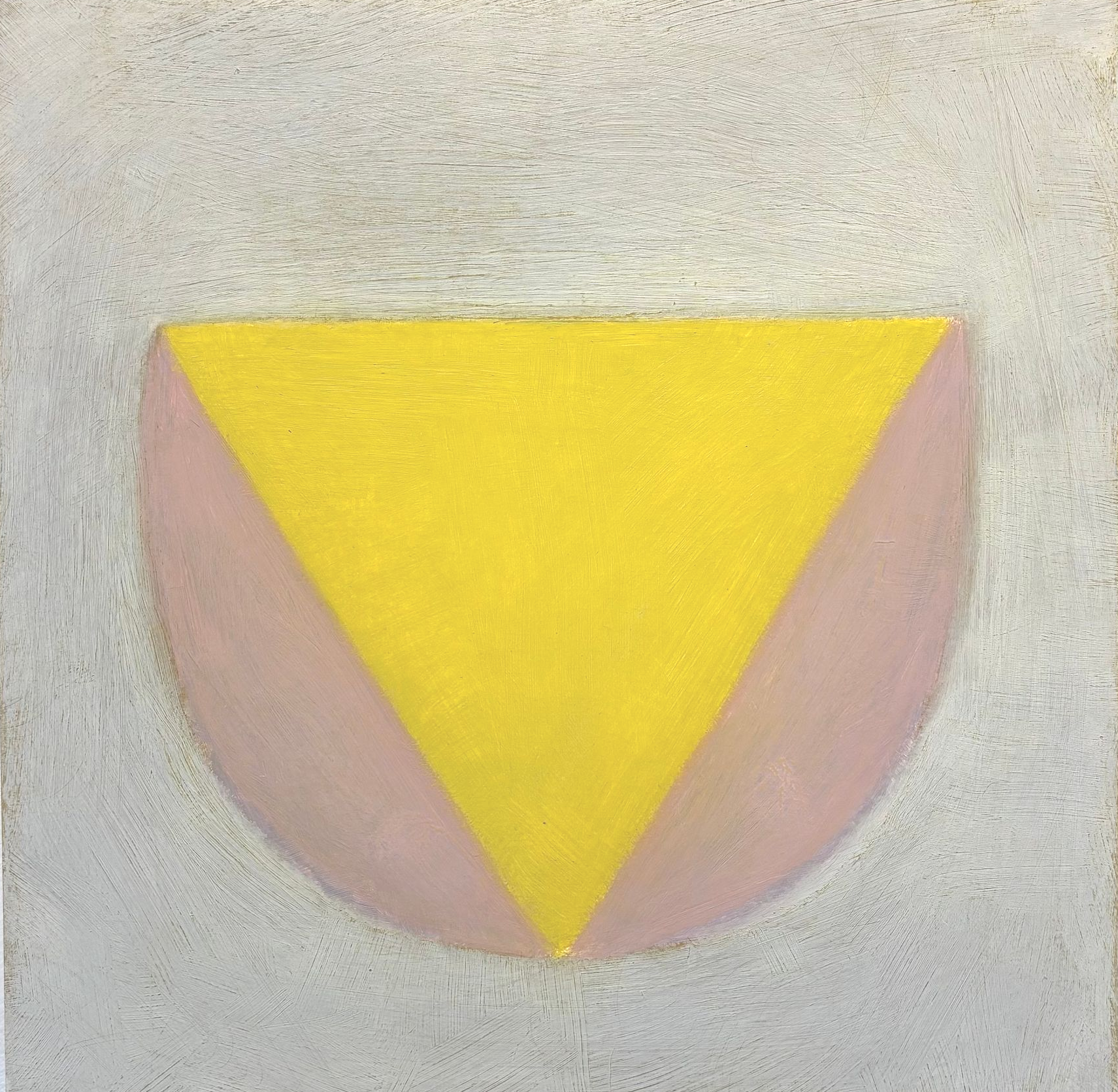 Abstract painting with a yellow inverted triangle over a pale pink semicircle on a gray background