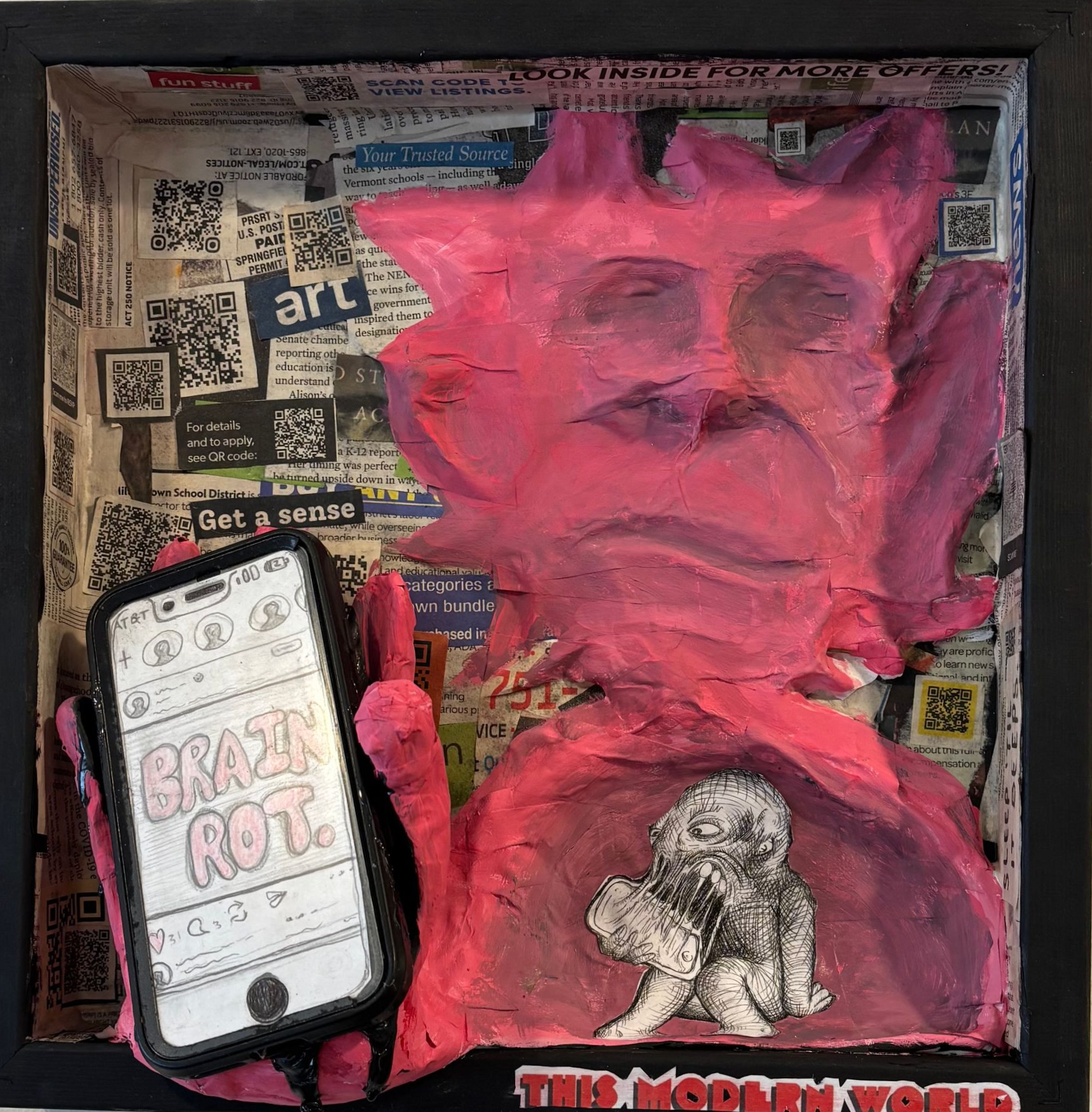Pink devil-like figure in a mixed-media collage, holding a phone with “GRAT NOU” on screen.