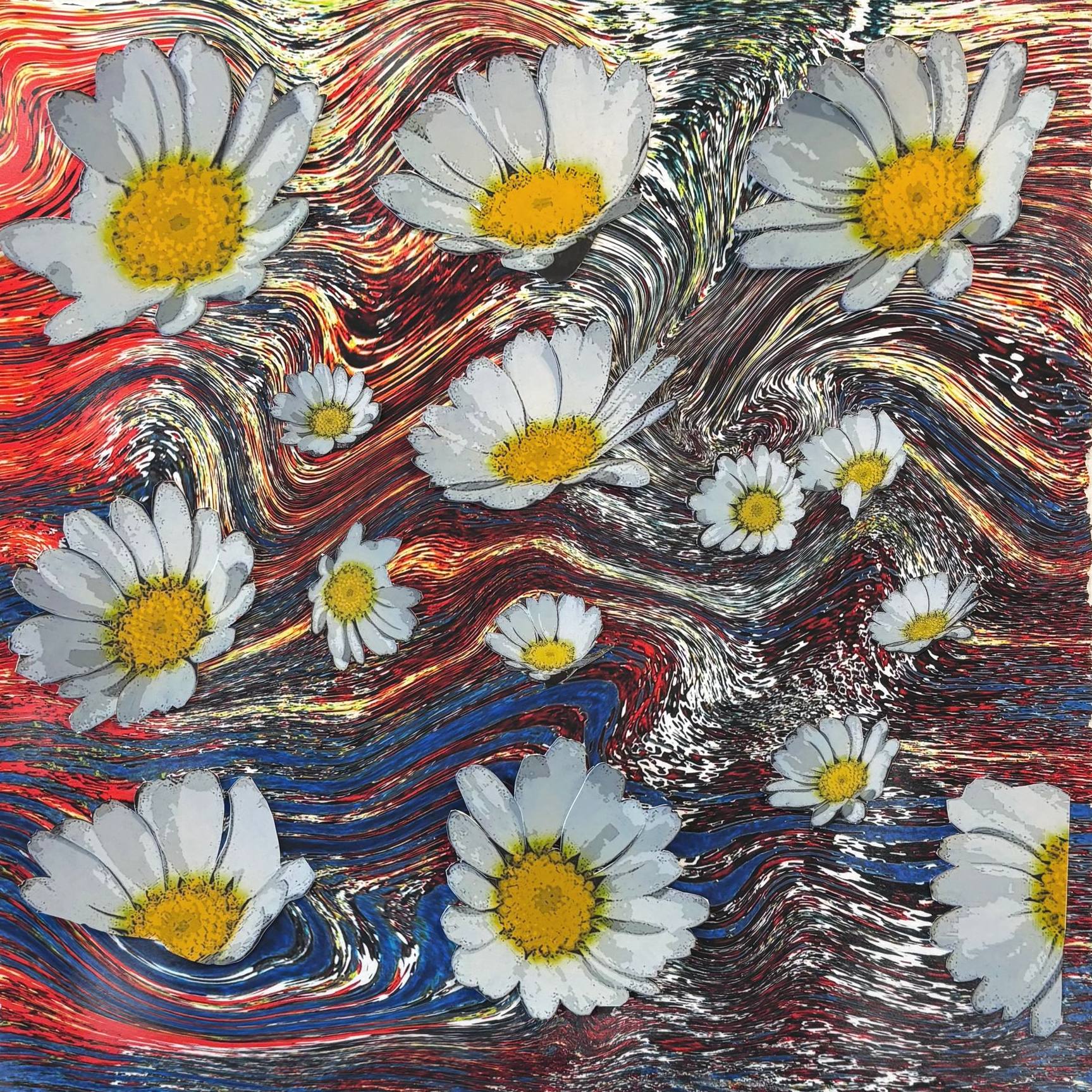 White daisies with yellow centers over a swirling red, blue, and black abstract background