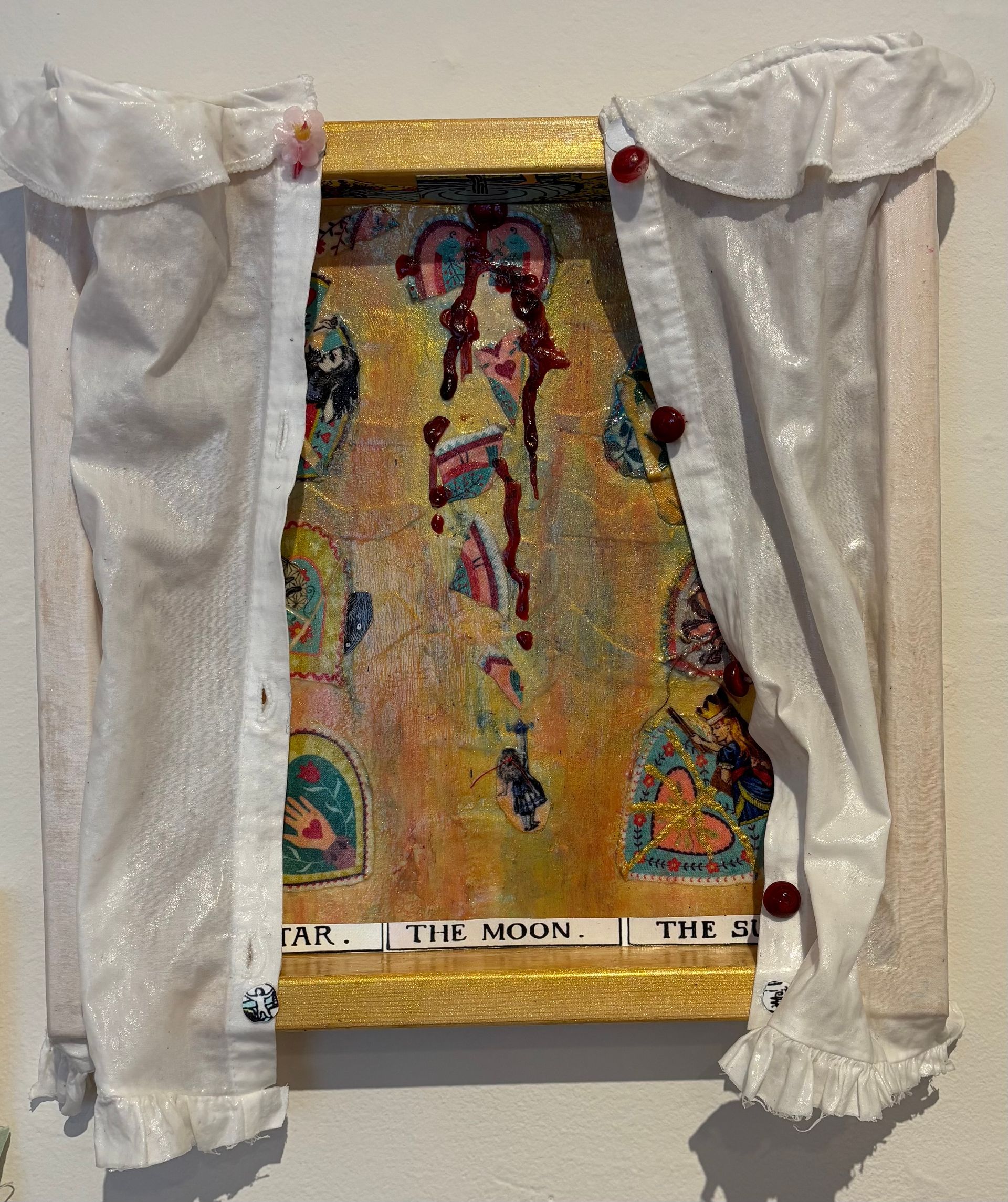 Abstract colorful artwork framed by white curtains on both sides