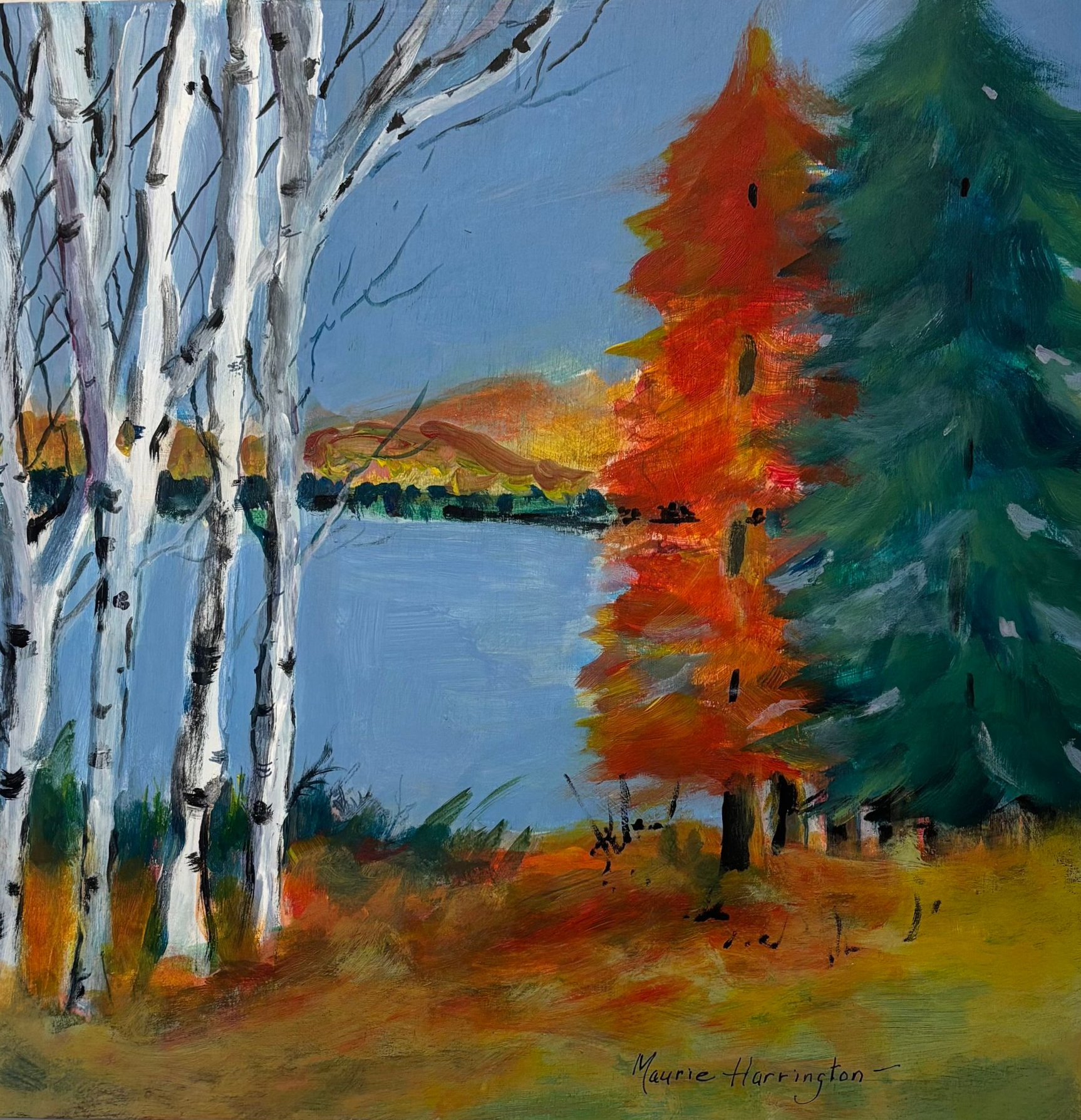 Painted autumn lakeside scene with birch trees, colorful foliage, and sunset sky
