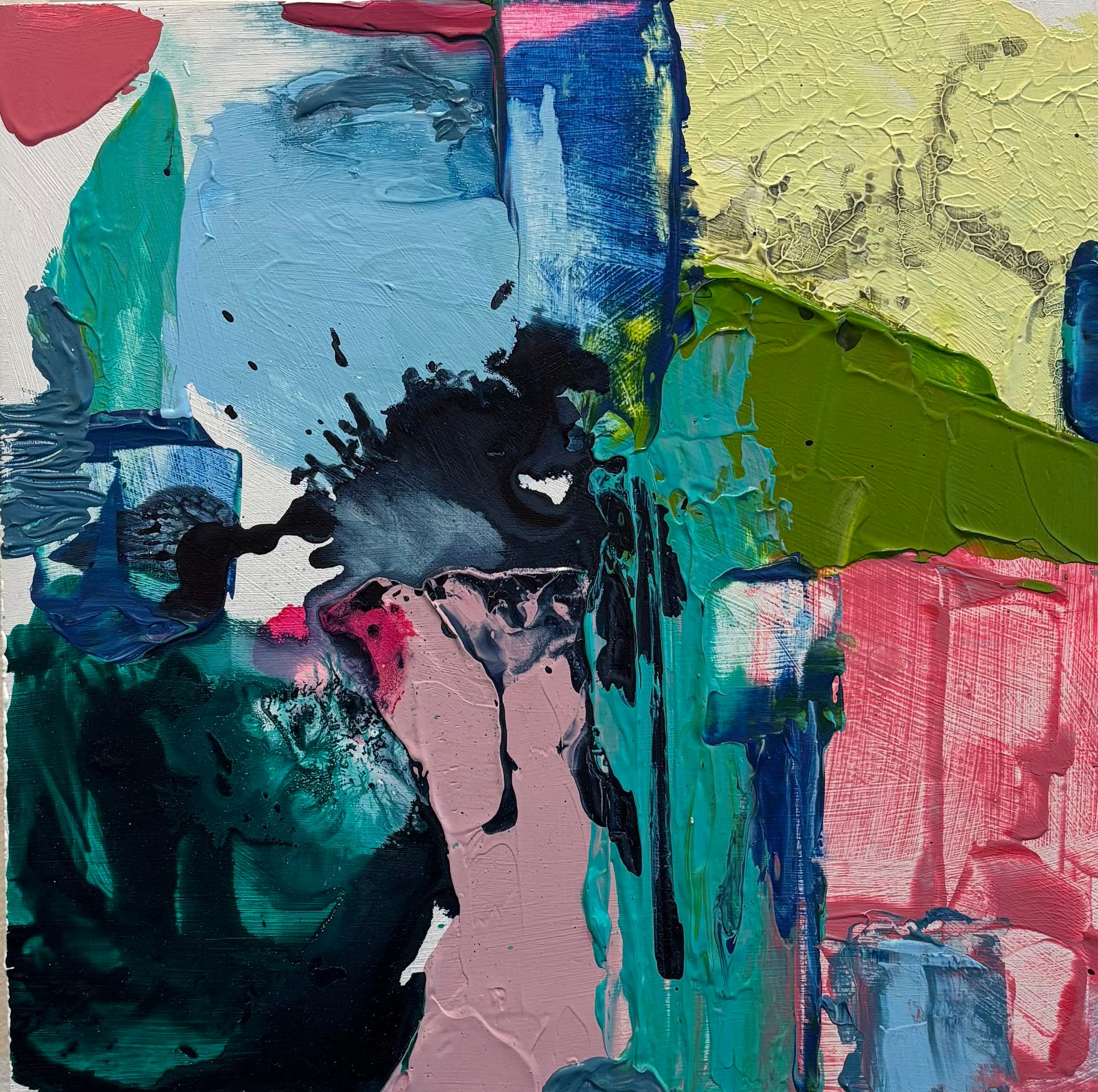 Abstract painting with bold blue, pink, green, and black brushstrokes and textured blocks of color