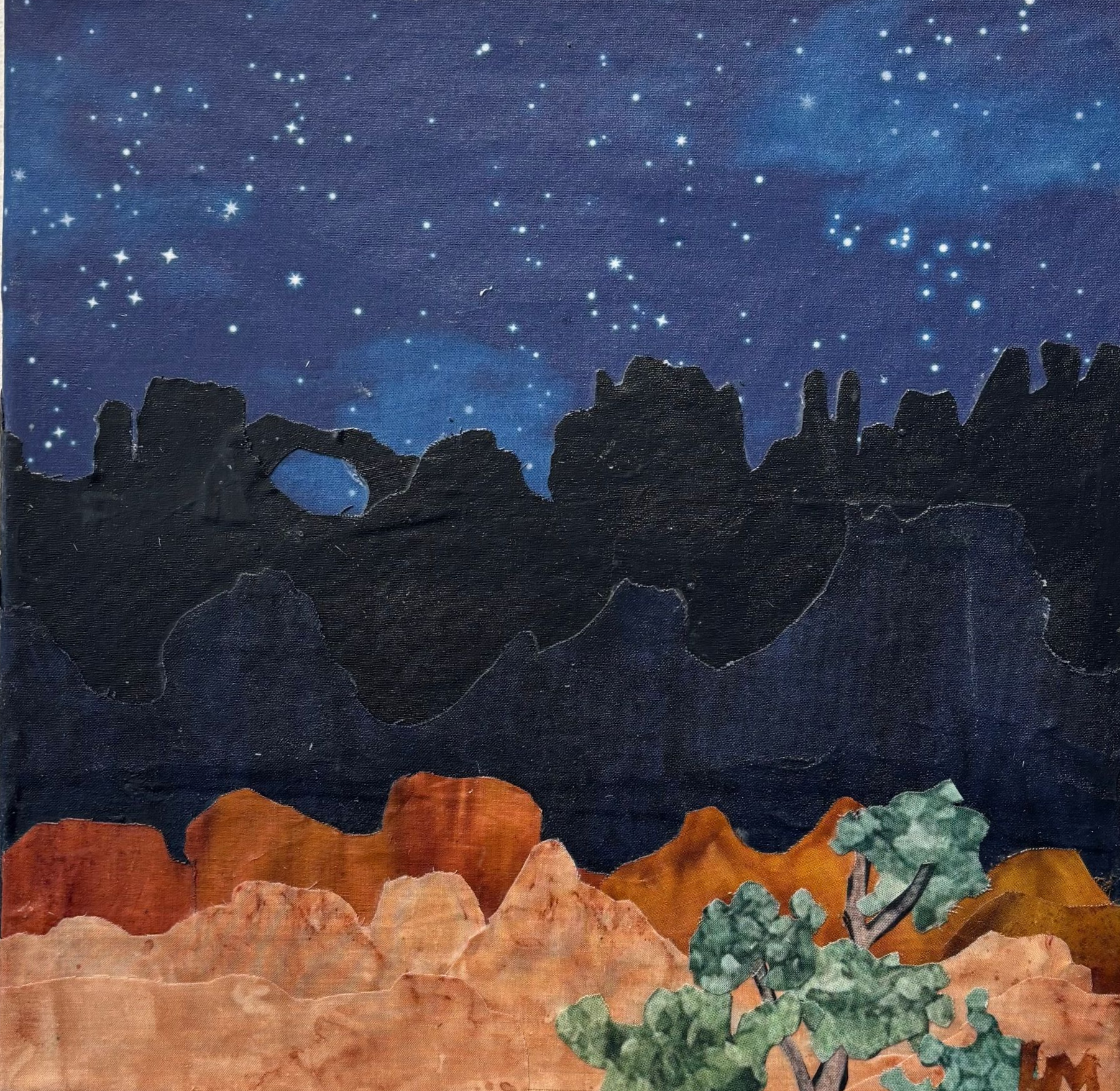 Starry night sky over dark cliffs and orange desert rocks with a small green cactus in the foreground