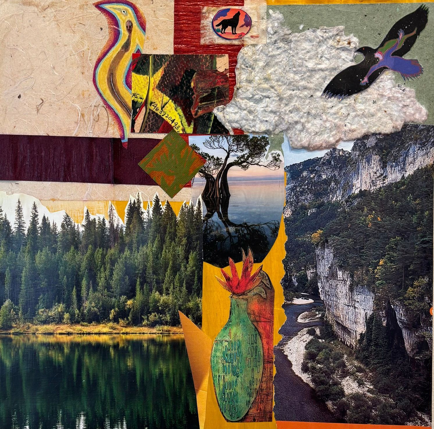 Collage of forest, mountain cliff, bird, and colorful abstract art on textured paper