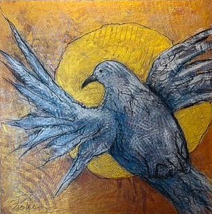 Blue bird with outstretched wings flying across a golden sun on a textured orange background