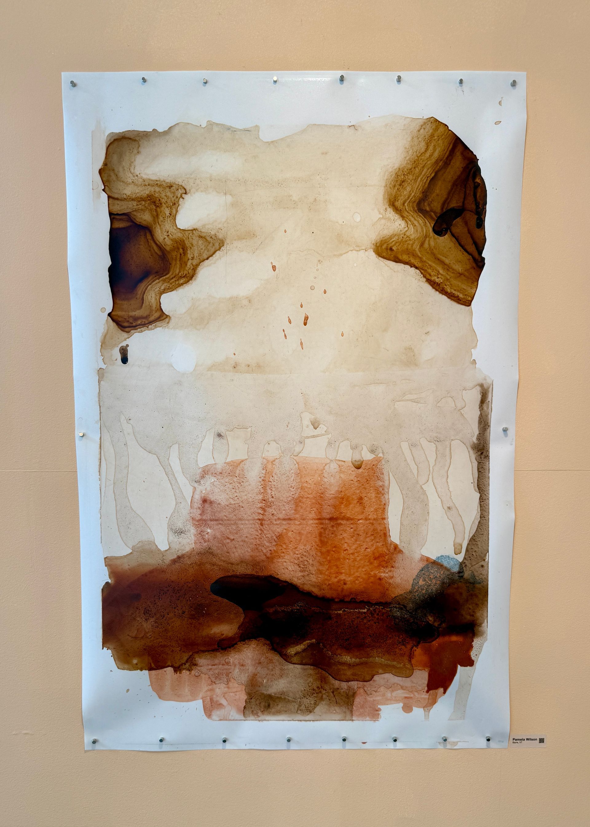 Abstract tan and brown watercolor-like painting with dark brown edges and a reddish-brown band at the bottom