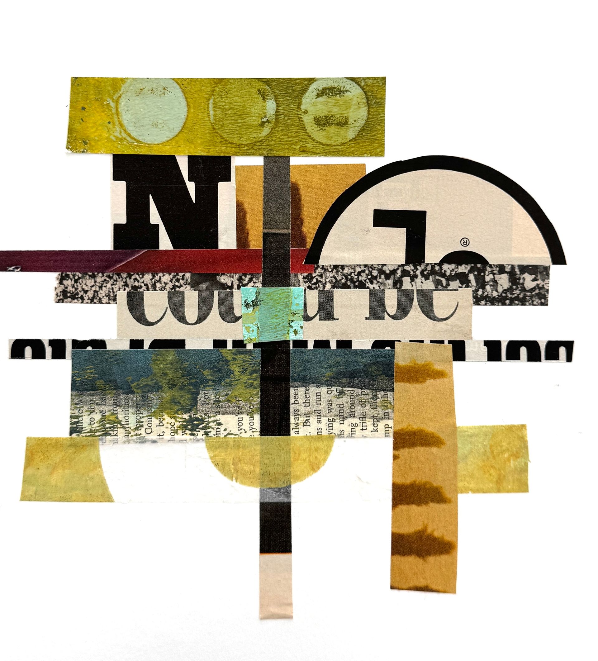 Abstract collage of layered vintage typography and geometric shapes in black, gold, and beige