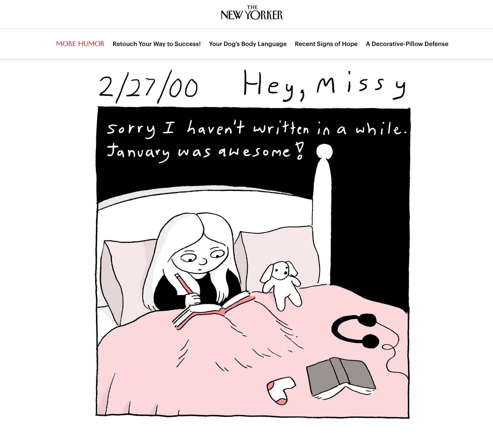 Cartoon of a woman in bed under pink covers, writing while a dog sits beside her; text says 