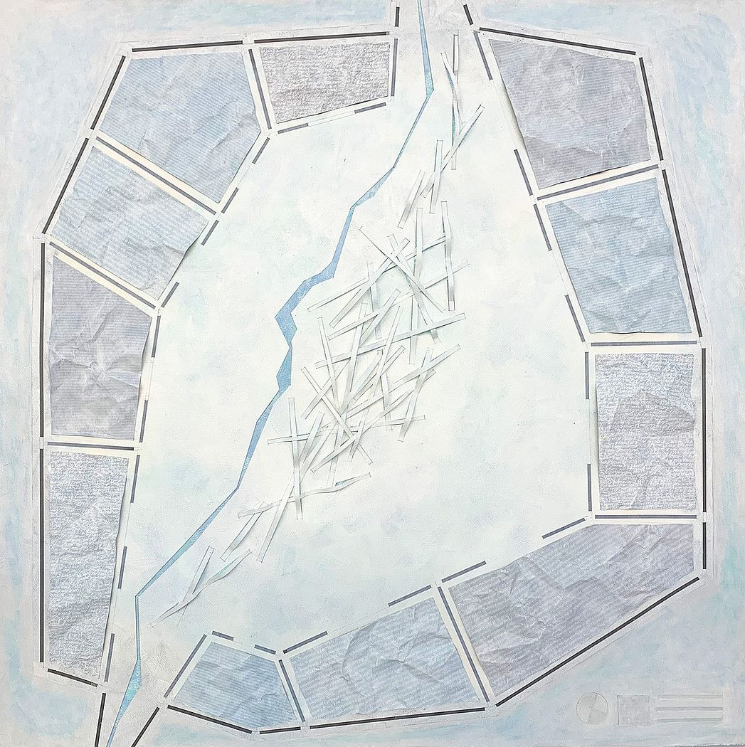 Abstract map-like diagram with pale blue bordered sections surrounding a central white shape.