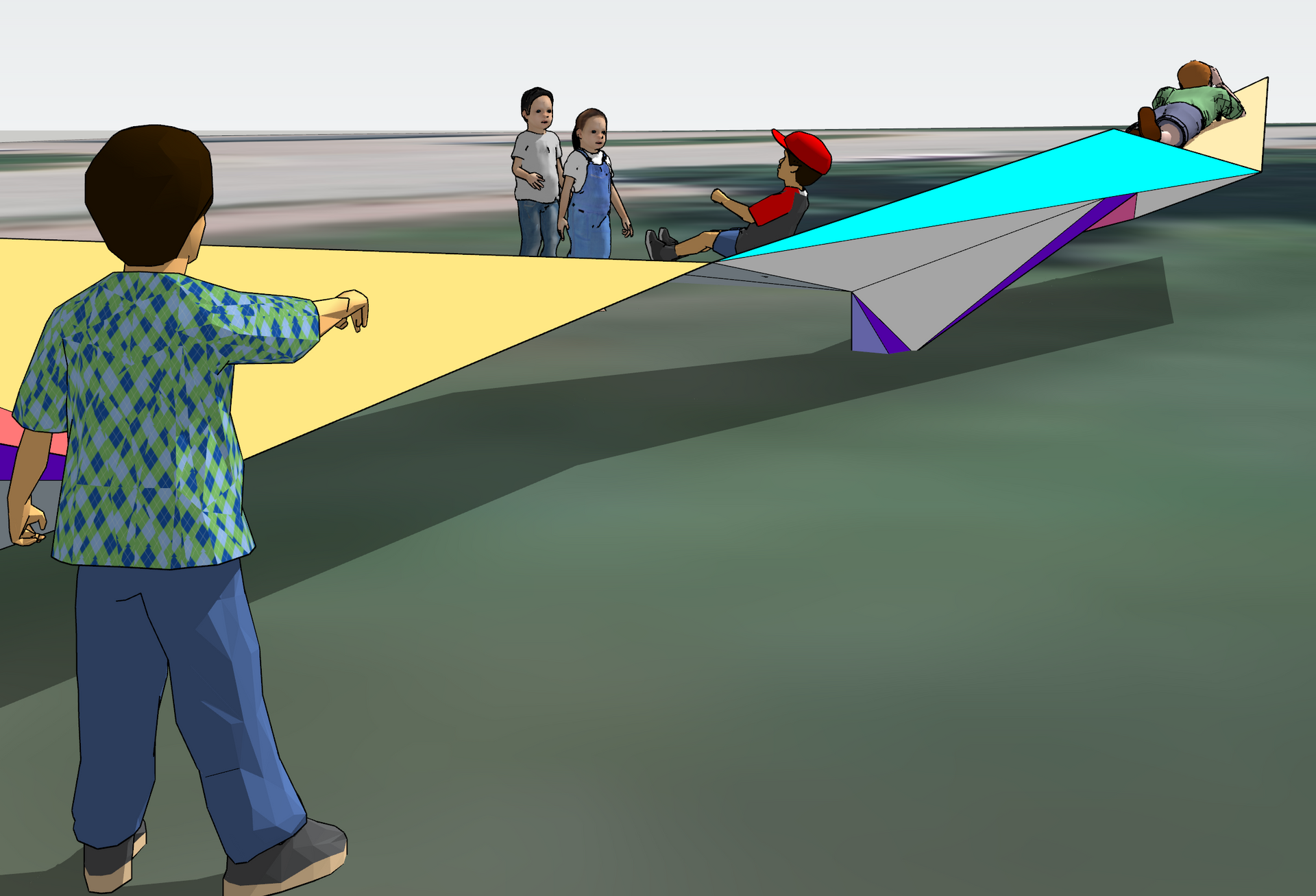 Children at a playground, one reaching toward a colorful seesaw on a paved area.