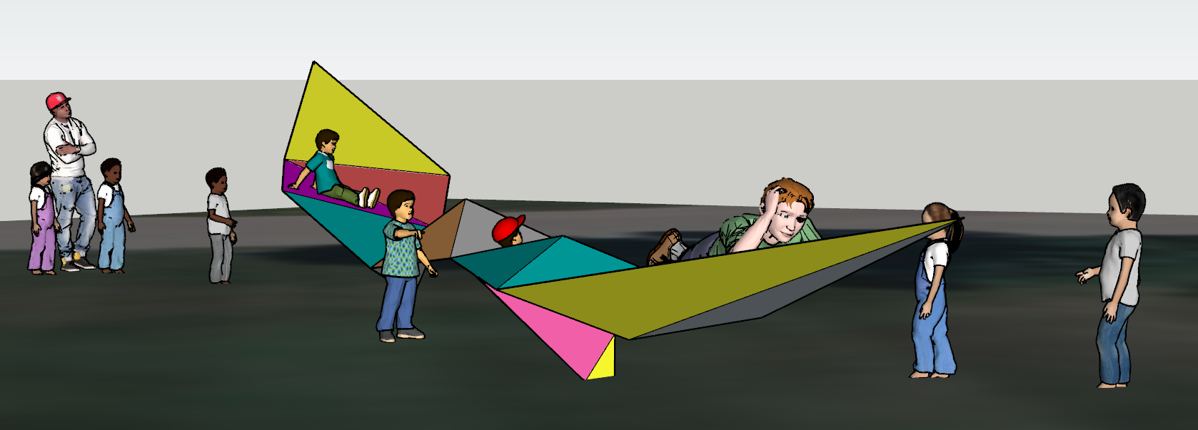 Children playing tug-of-war with a colorful cloth on a gray playground