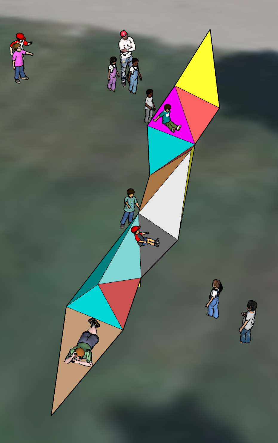 People walking among colorful kite-shaped geometric panels on a gray surface.