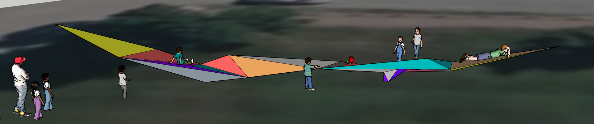 Several people standing near colorful hang gliders on a dark airfield at night