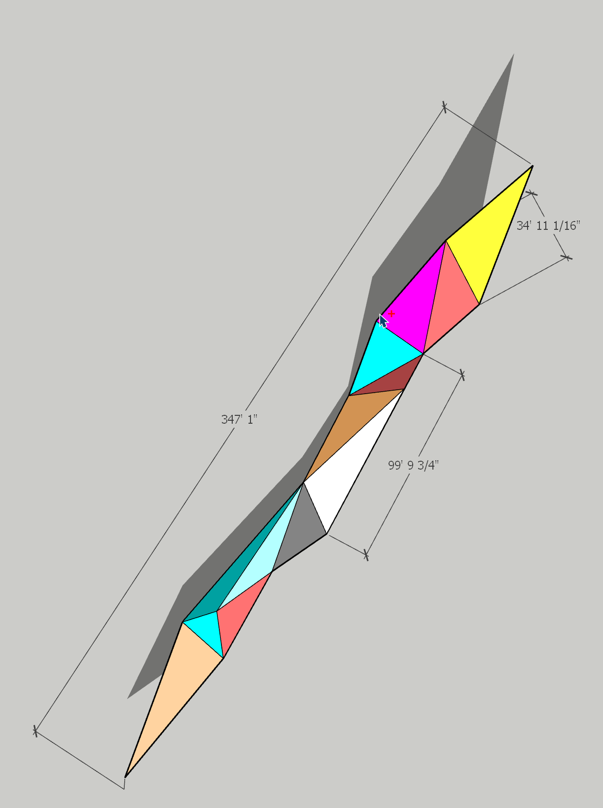 Colorful geometric 3D diagram with angular shapes in cyan, magenta, yellow, orange, and gray on a diagonal axis