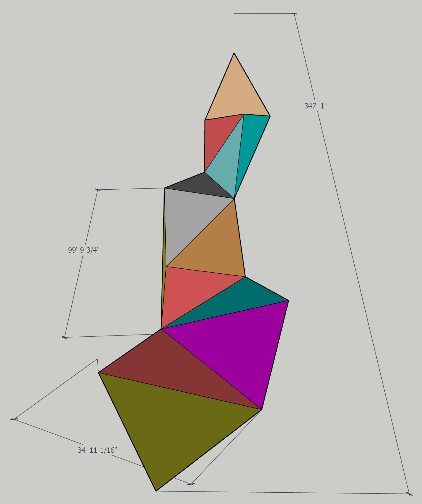 Abstract multicolored geometric sculpture made of stacked triangular facets