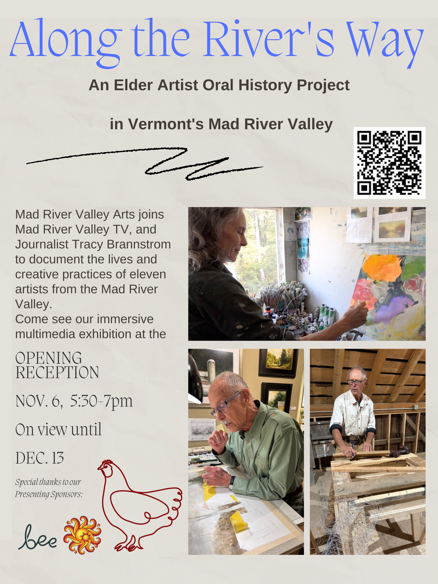Poster for “Along the River’s Way,” an elder oral history project in Vermont’s Mad River Valley, with photos and QR code