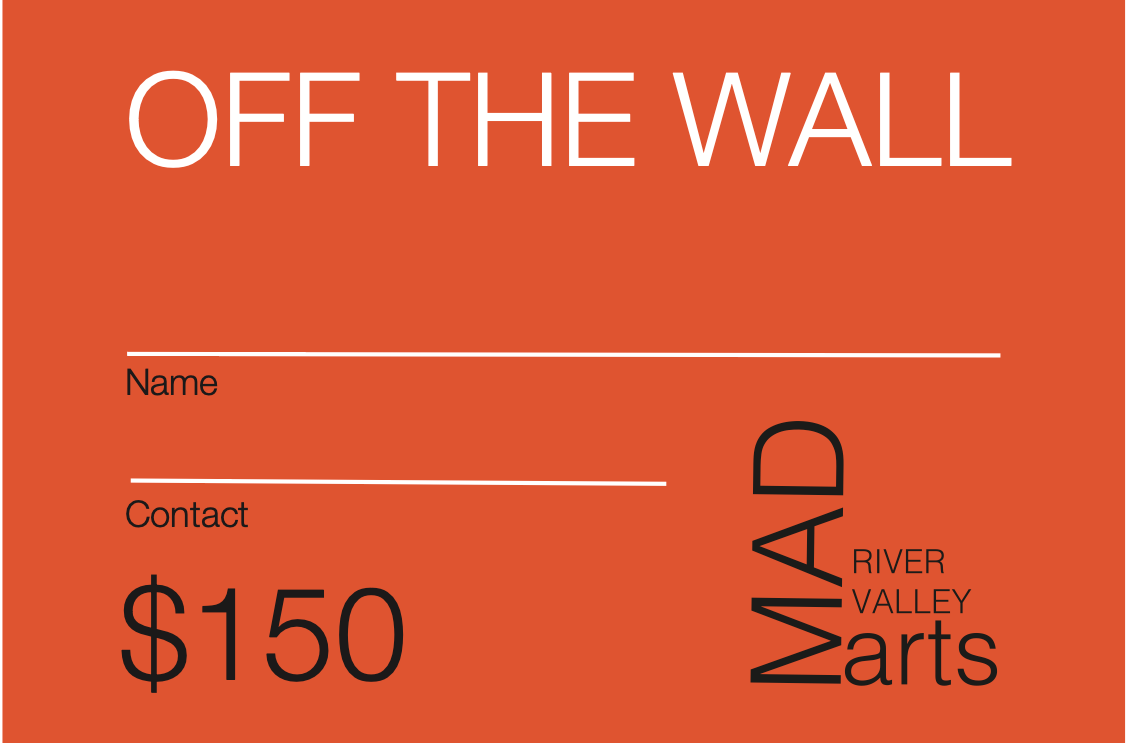 Orange flyer for “OFF THE WALL” art sale, with name/contact lines and $150 price, by Valley Arts.