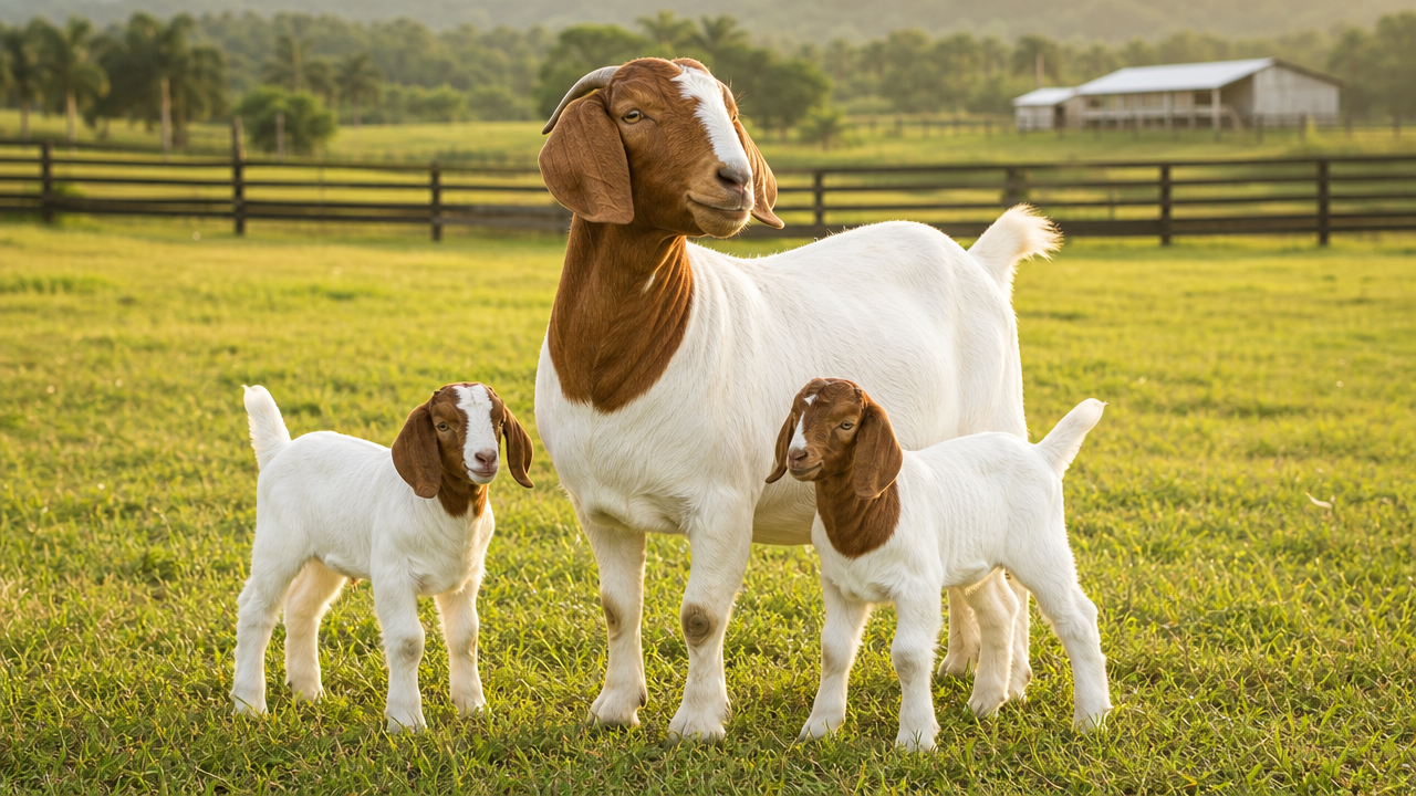 Goats grazing in a grassy pasture with a fence and barn in the background
