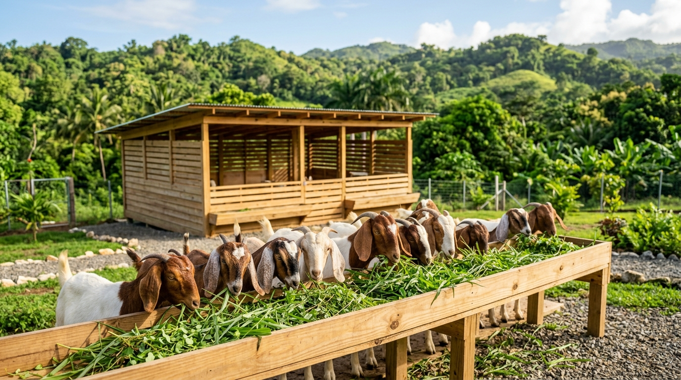 Goats lined up on a wooden walkway beside a small barn in a lush green hillside pasture.