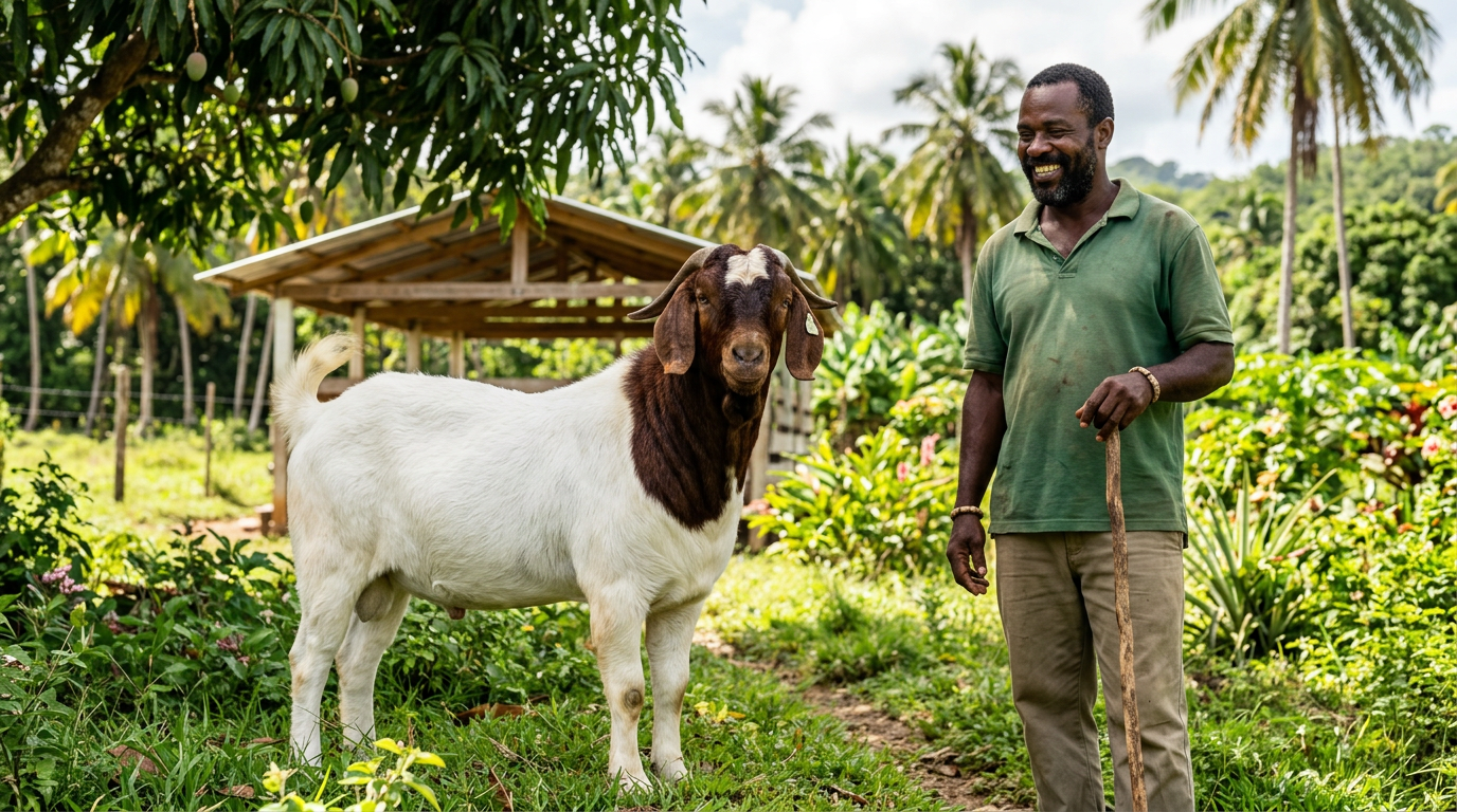 Man standing beside a white goat with a brown head in a lush tropical garden