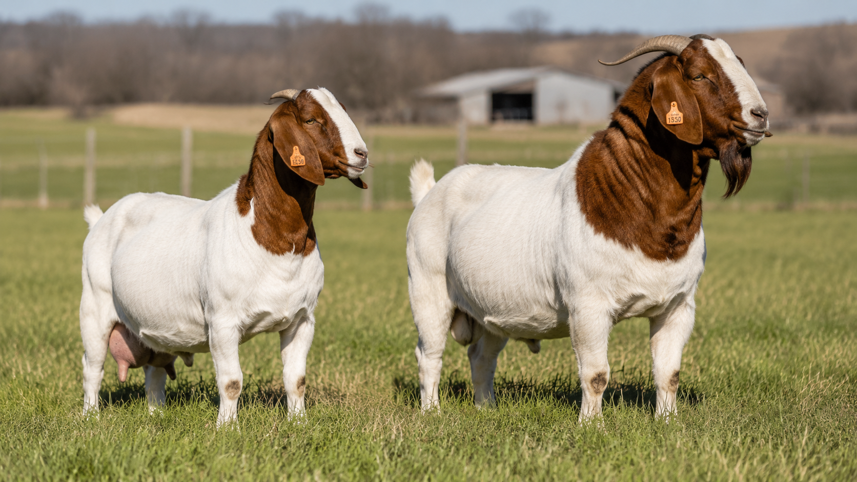 Two brown-and-white goats standing in a grassy field