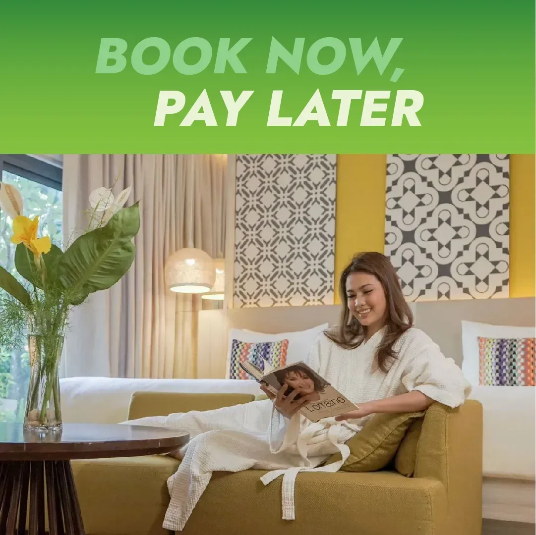 Woman relaxing on a couch in a bright room with “BOOK NOW PAY LATER” text above.