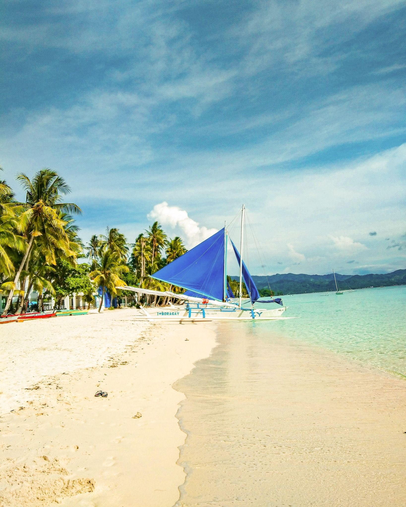 Sunny tropical beach with palm trees, turquoise water, and a blue-sailed boat near shore
