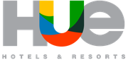 A logo for hue hotels and resorts with a rainbow in the middle