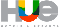 A logo for hue hotels and resorts with a rainbow in the middle
