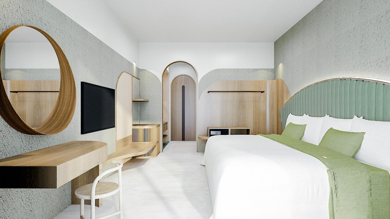 Modern bedroom with arched doorway, white bed, wooden desk, wall mirror, and pale green accents