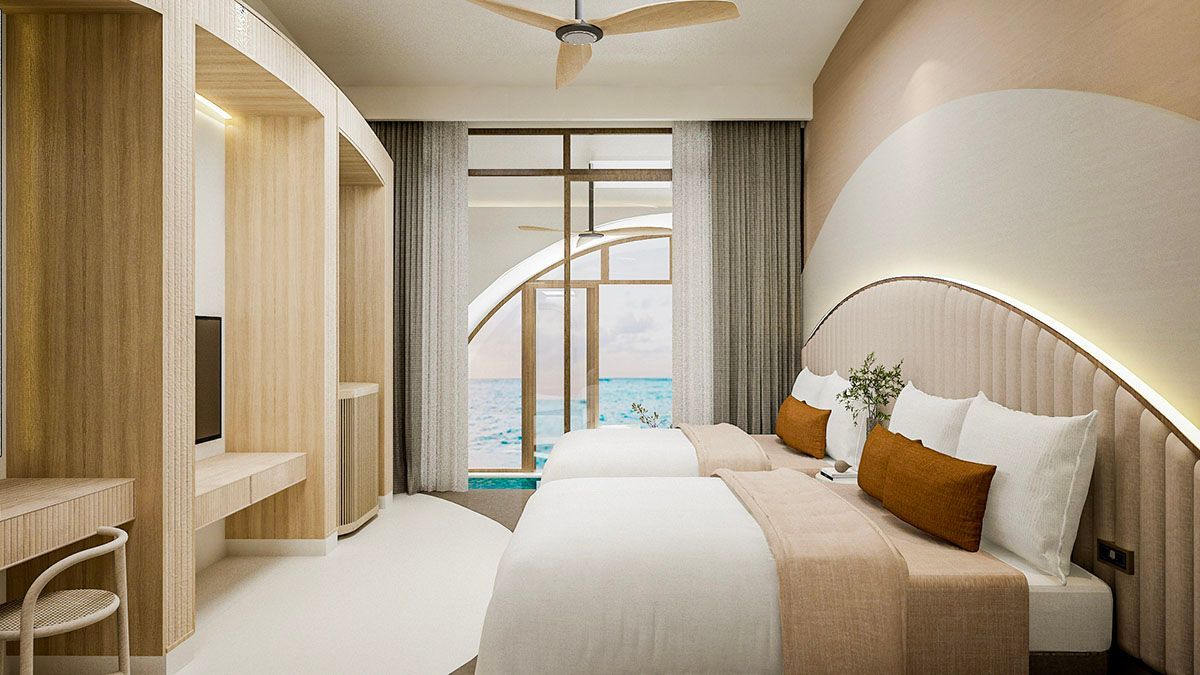 Twin bedroom with ocean view, arched headboard, warm wood tones at Hue Siar