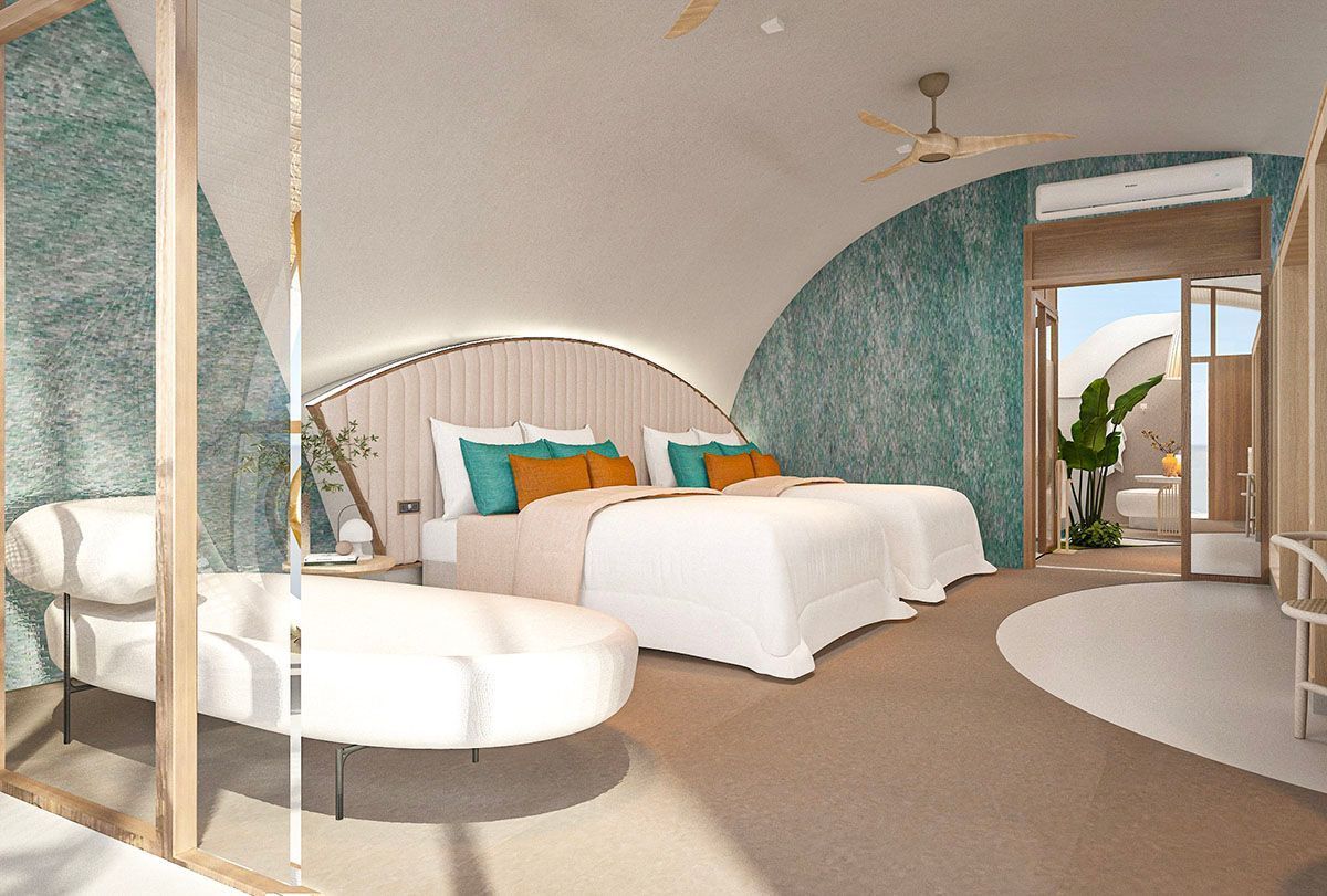 Bright modern bedroom with curved headboard, white bed, teal accents, and large arched window opening to a balcony.