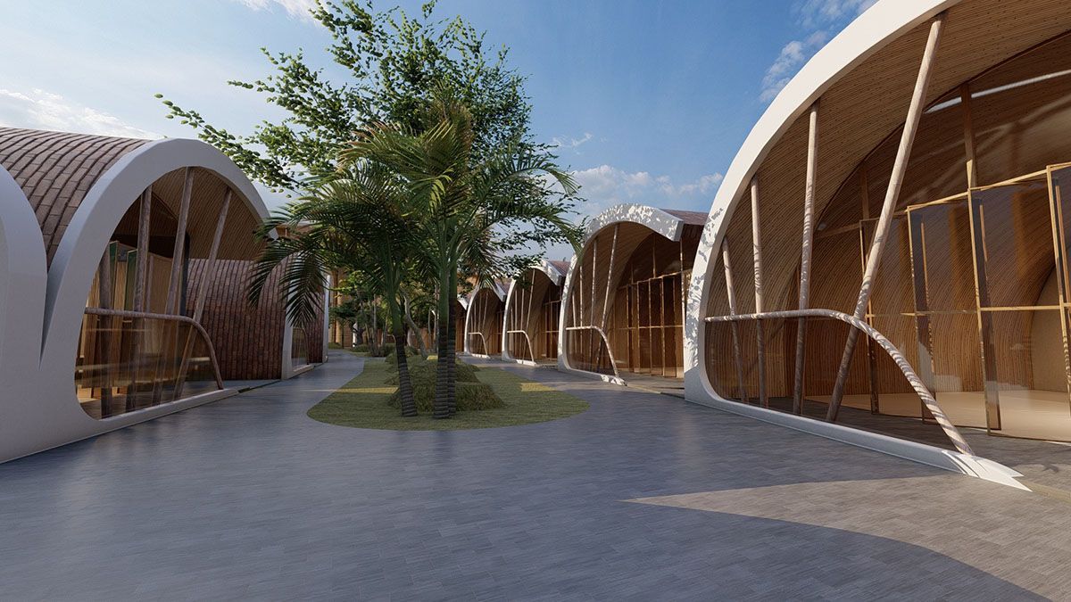 Hue Siargao resort arched bamboo pavilions with tropical trees and open wal