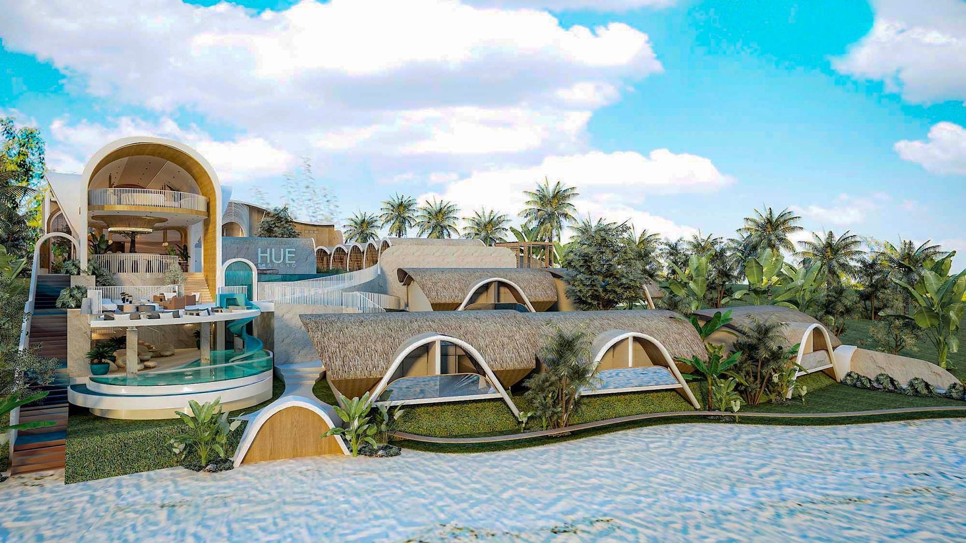 Modern resort villas with arched roofs beside a pool and ocean under a bright blue sky