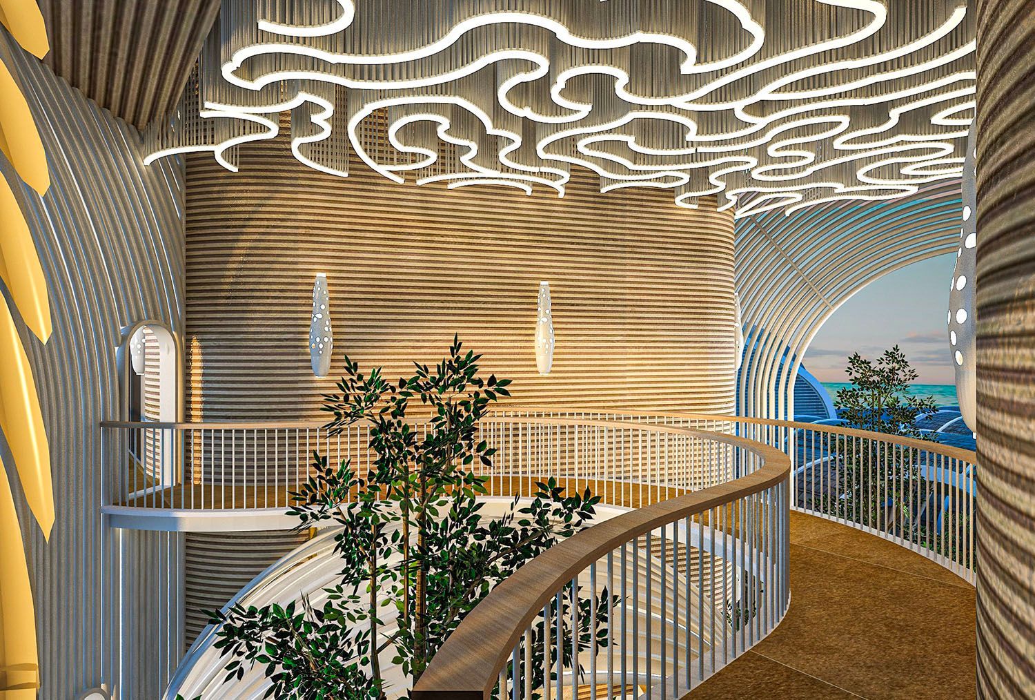 Modern interior balcony with curving white railing, wood walls, and abstract ceiling lights overlooking greenery and sky