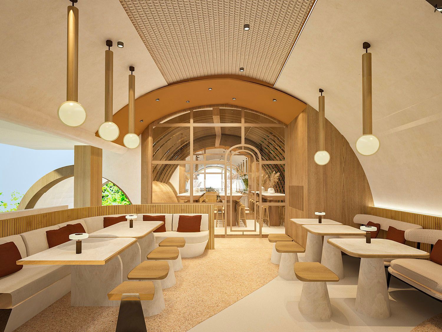 Bright modern restaurant interior with curved booths, round tables, and hanging globe lights